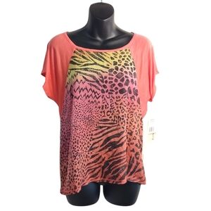 Rewind Women's Coral Bloom Animal Print Shortsleeve Top Blouse Size Large NWT
